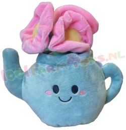 Knuffel Theepot blauw met roze bloemen